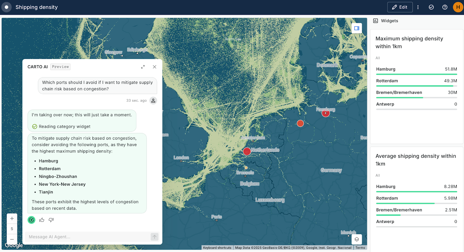 A screenshot of CARTO Builder featuring AI Agents