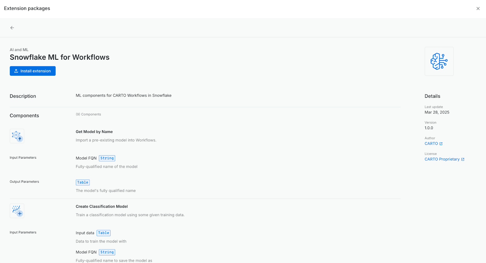 A screenshot of the Snowflake ML Worklows Extension Package 