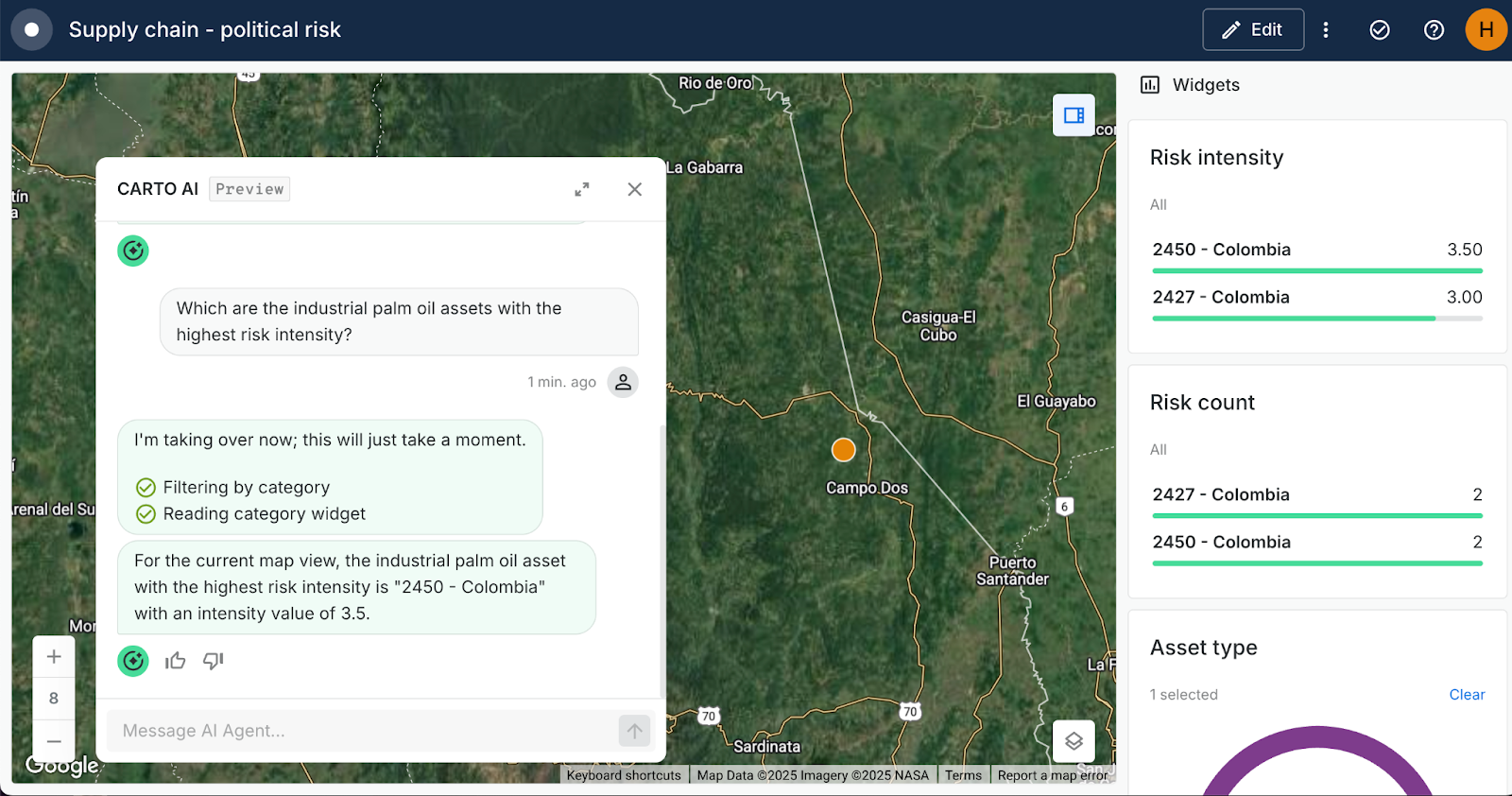 A screenshot of CARTO AI Agents being used in CARTO Builder