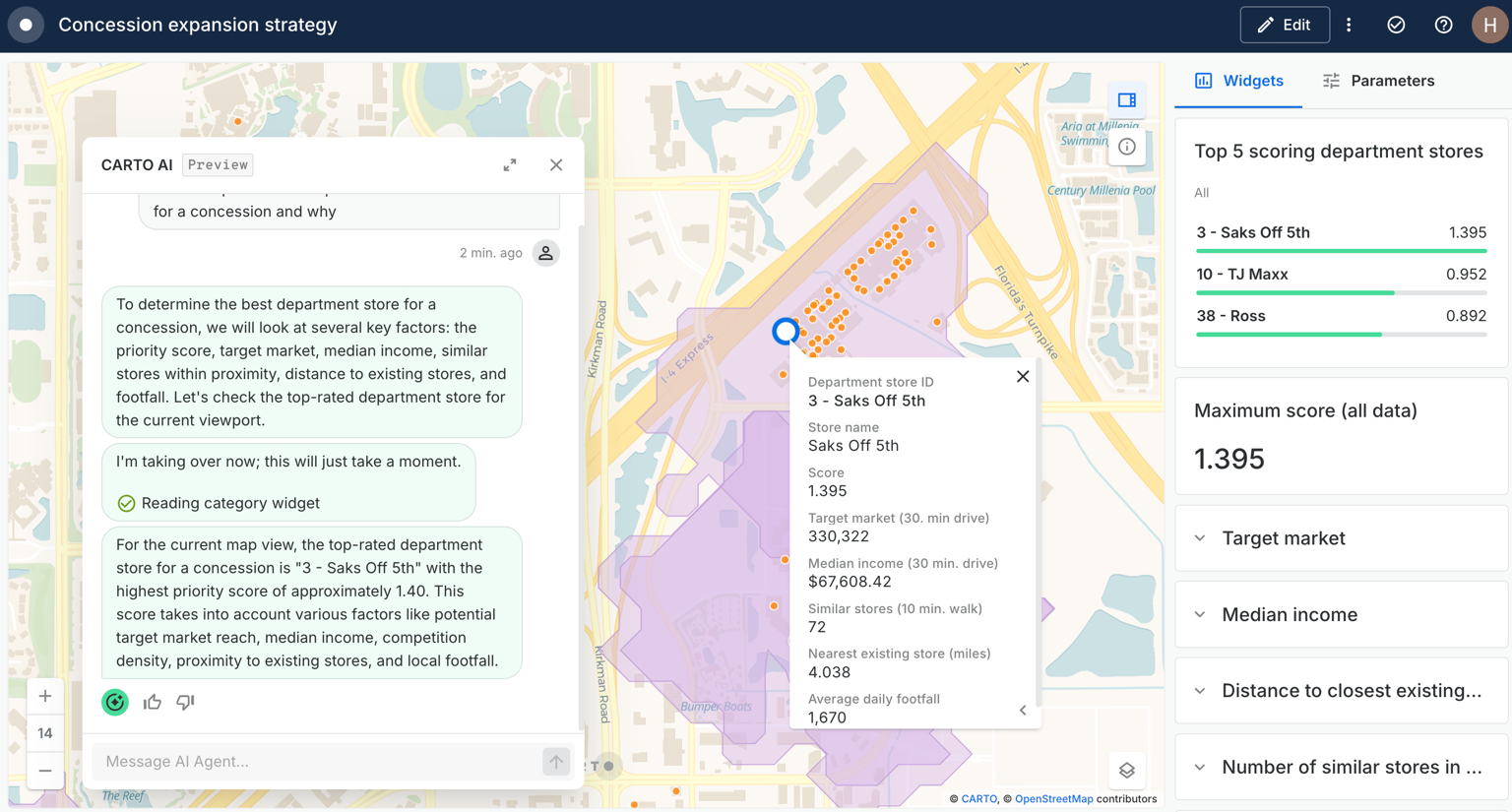 A screenshot of CARTO AI Agents in use