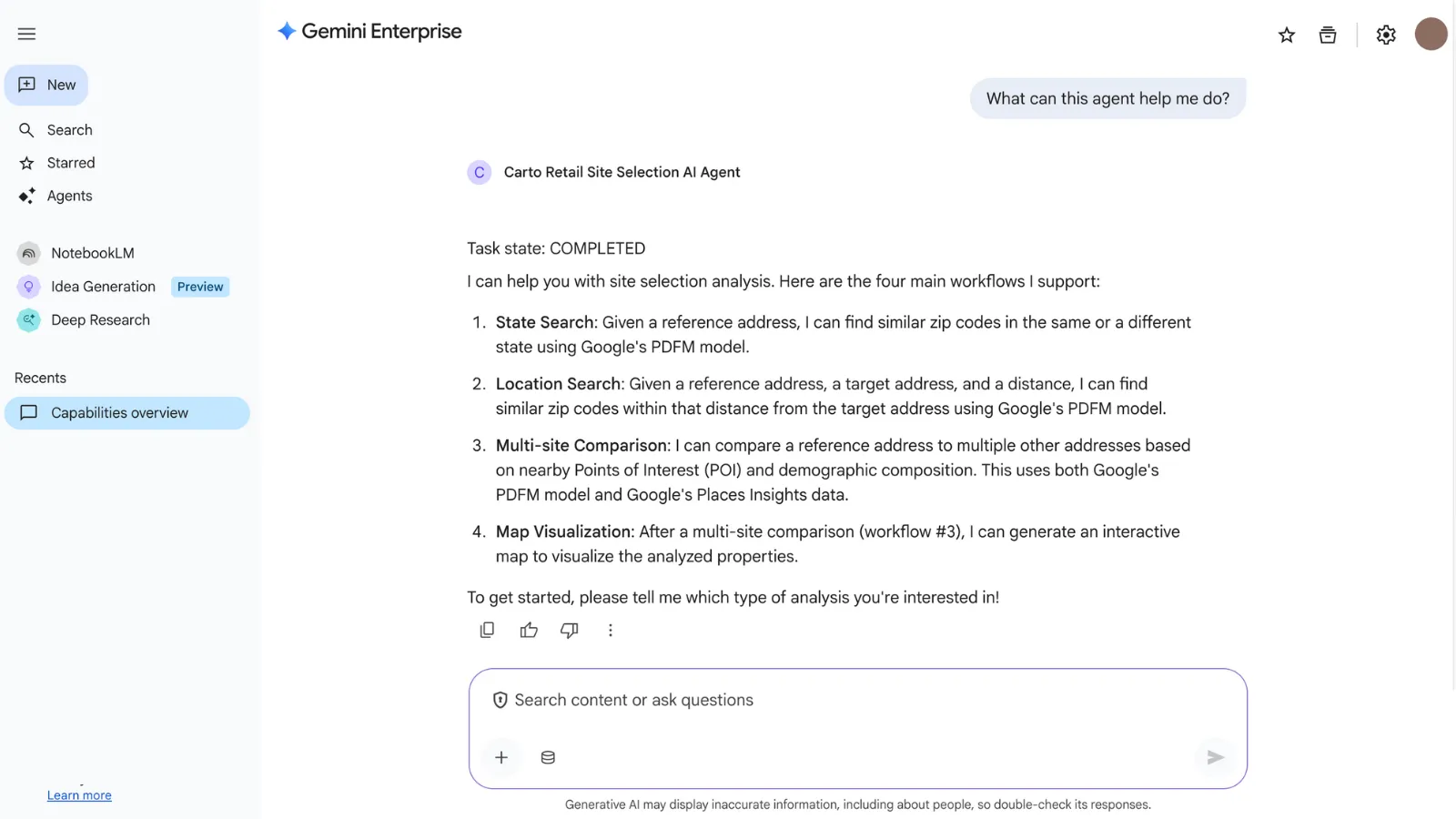 A screenshot of CARTO's Site Selection AI Agent being used in Gemini Enterprise