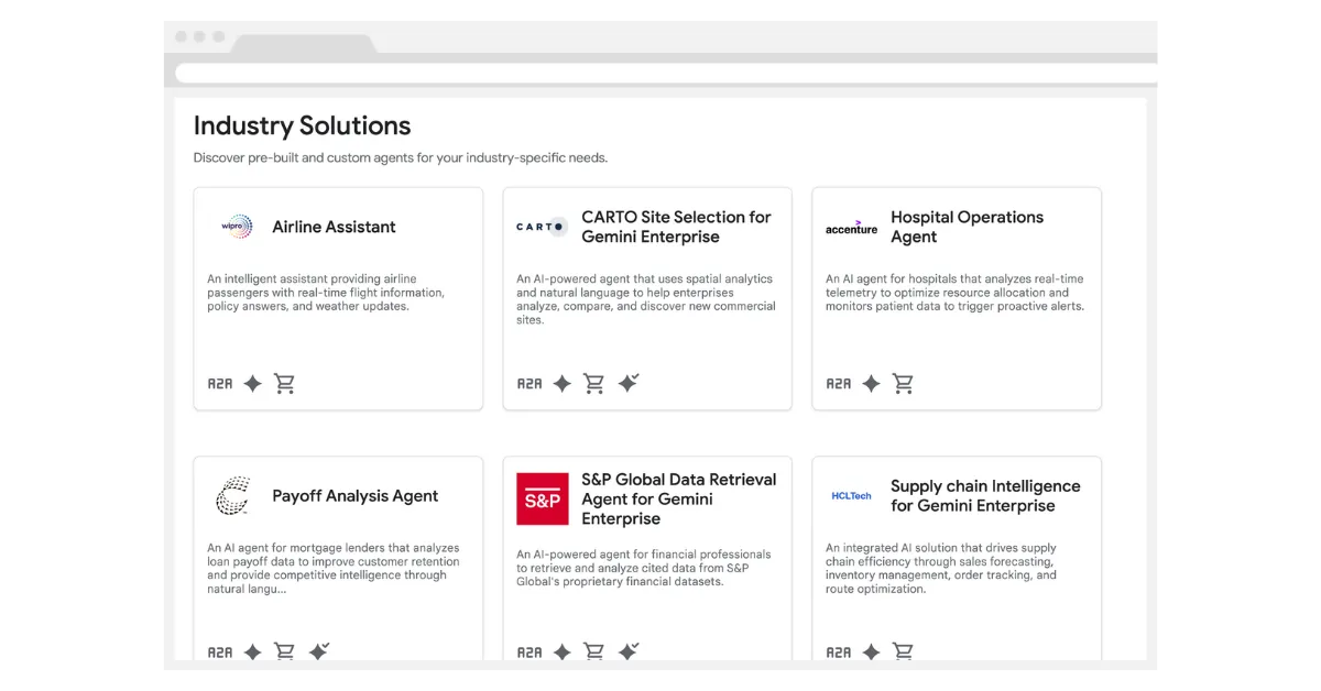 A screenshot of industry solutions for Google Gemini Enterprise