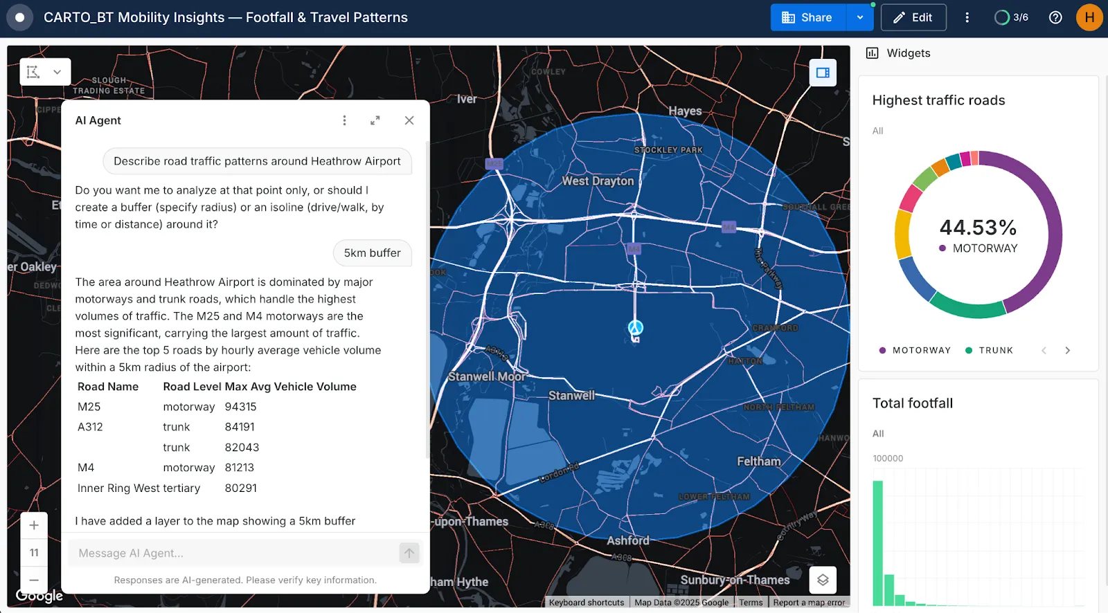 A screenshot of CARTO AI Agents in CARTO Builder