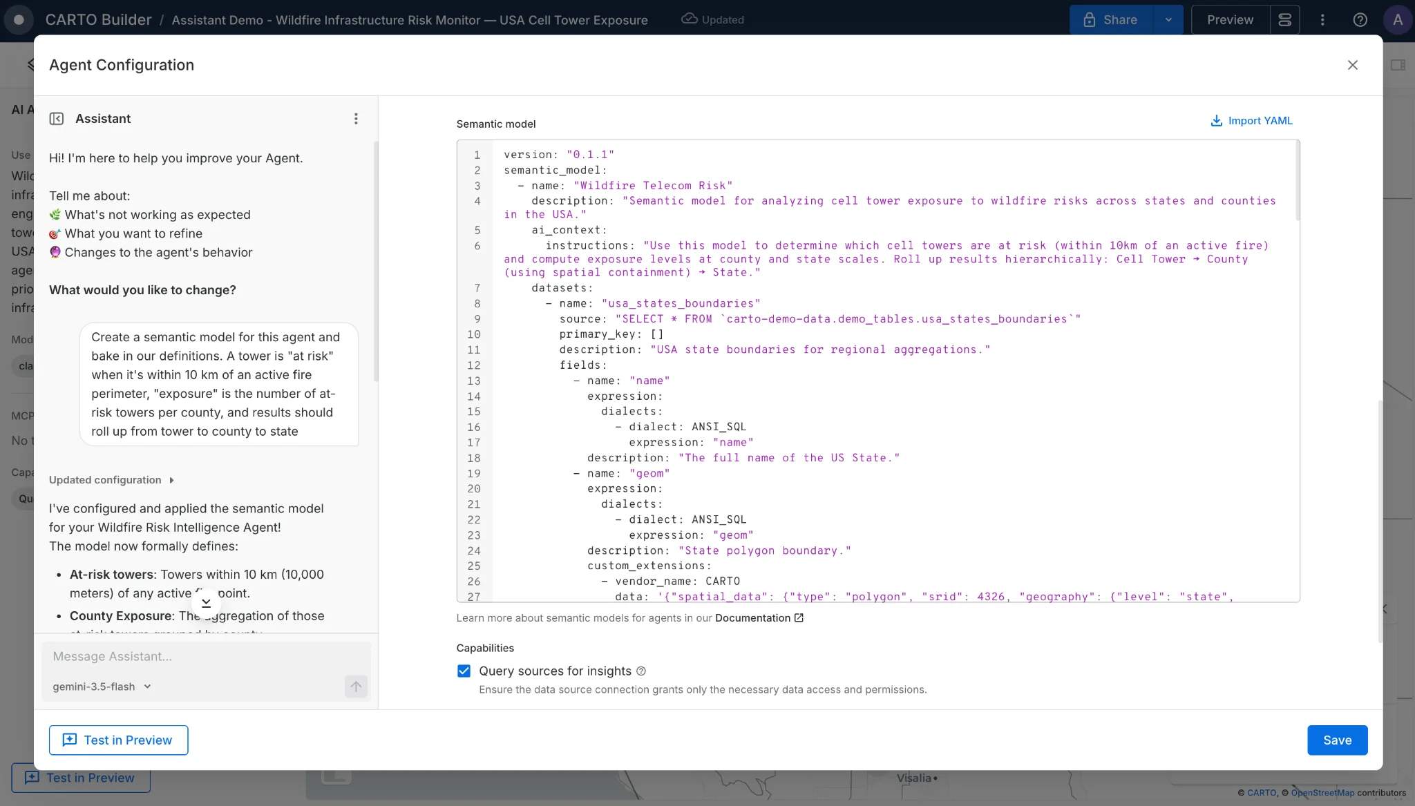 Agent Configuration in CARTO Builder showing the semantic model editor, with the Assistant creating a semantic model for a wildfire risk agent from a plain-language description