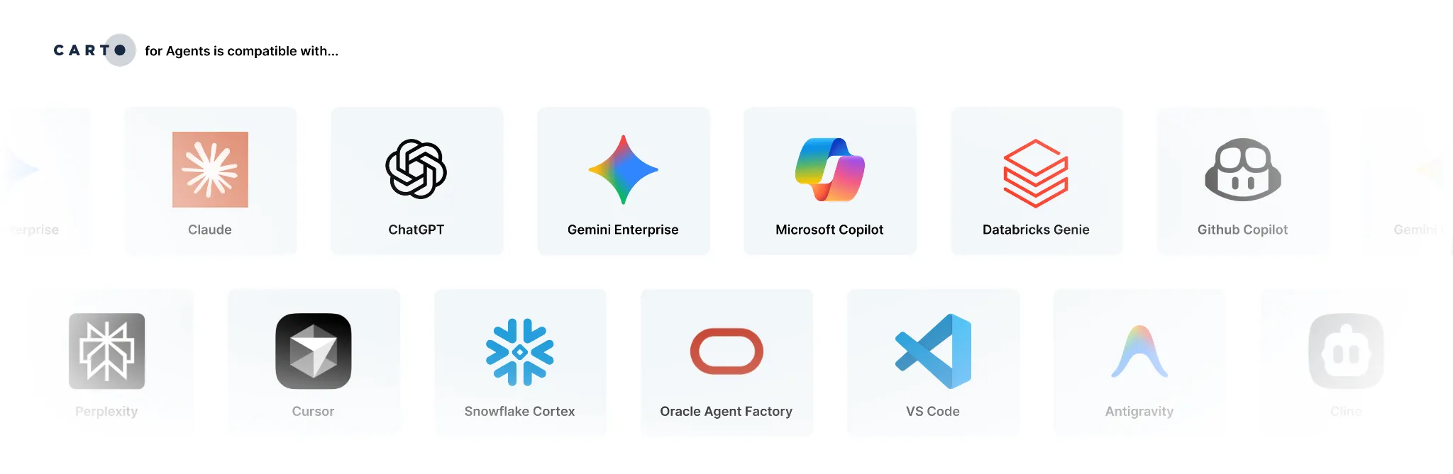 CARTO for Agents is compatible with Claude, ChatGPT, Gemini Enterprise, Microsoft Copilot, Databricks Genie, GitHub Copilot, Perplexity, Cursor, Snowflake Cortex, Oracle Agent Factory, VS Code, Antigravity, and Cline