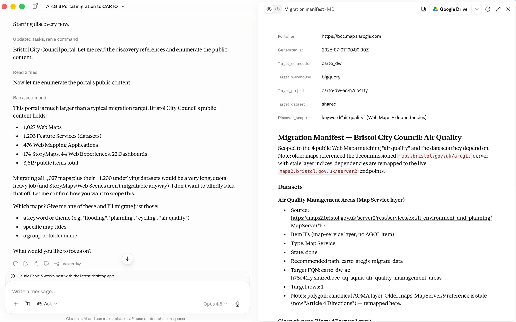The carto-arcgis-migration Agent Skill inventories a Bristol City Council ArcGIS portal, finds 3,619 public items, and pauses to confirm which maps to migrate before moving anything.