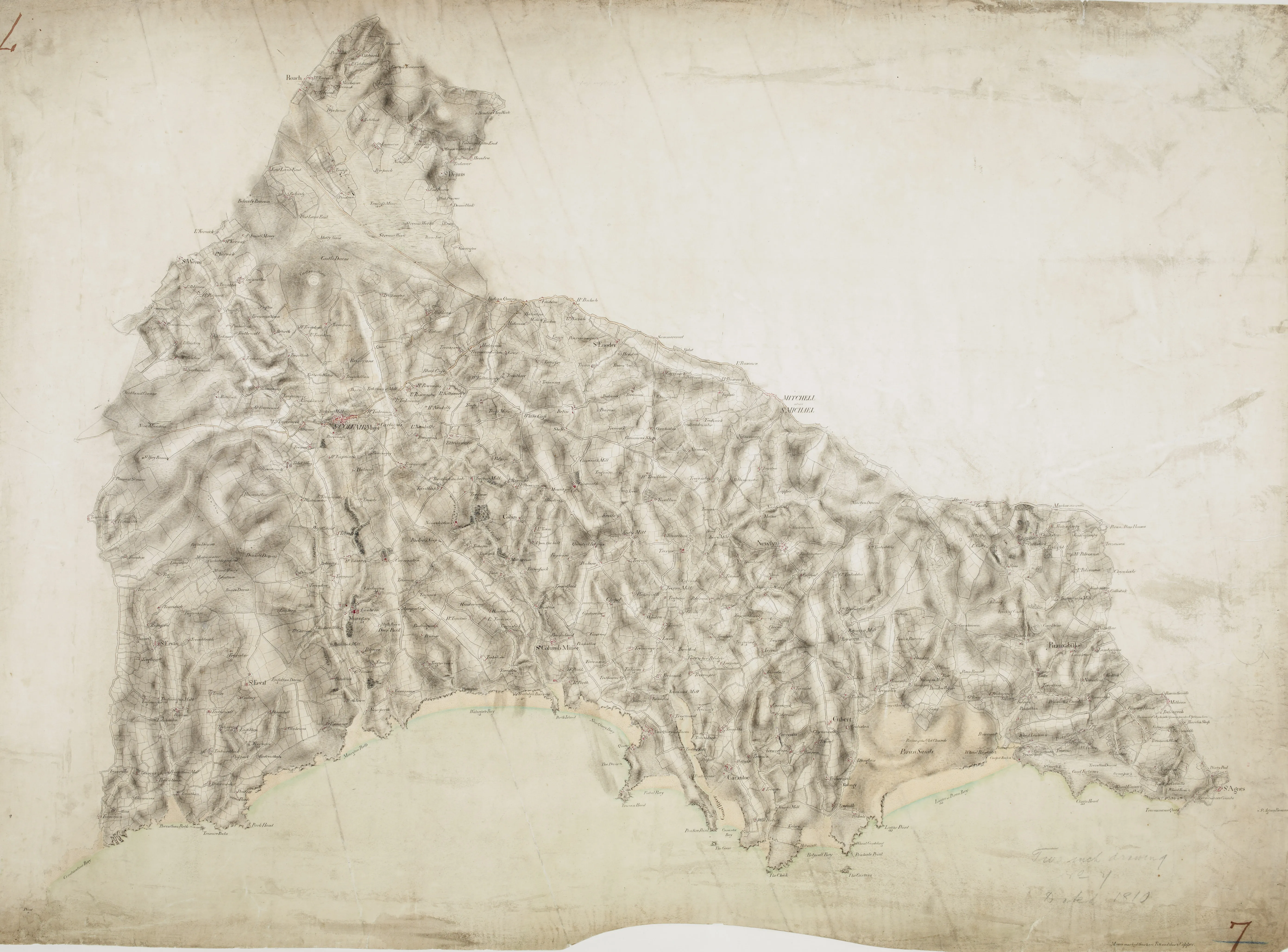 Historic Ordnance Survey topographic drawing of St. Columb Major, Cornwall